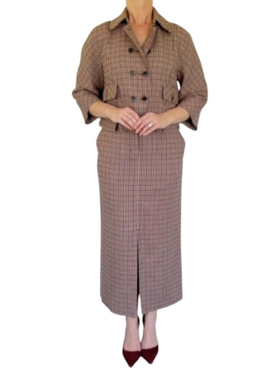 CAbi Dresses & Skirts - CAbi brown green houndstooth plaid print matching skirt and blazer set small